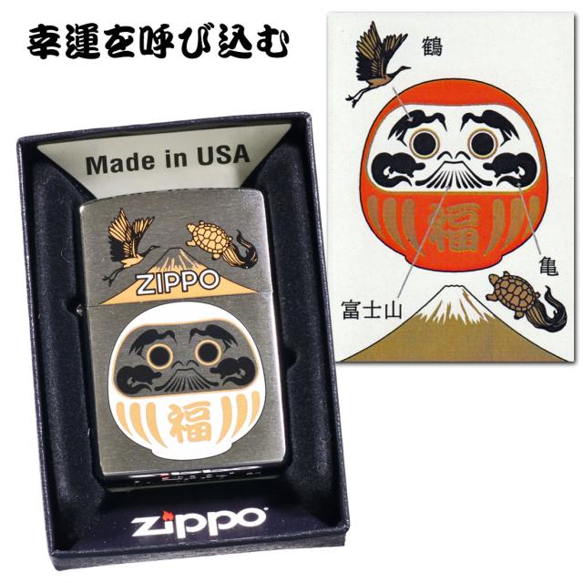 ZIPPO/福達磨(白)  だるま 縁起柄 鶴亀 富士山 ブラッシュクローム プリント加工 ZIPPOロゴ入り DARUMA-WH画像4