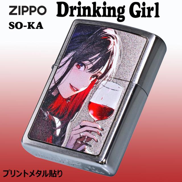 ZIPPO/ガール柄　Drinking Girl ドリンキング ガール ブラッシュクローム イラスト プリントメタル貼り　SO-KA画像2