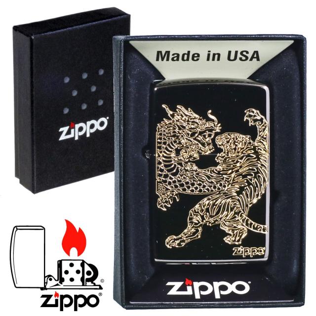 ZIPPO/龍虎黒金 BNiミラー 金コンビ エッチング 躍動感のある金色の龍と虎 RYKO-BG画像4
