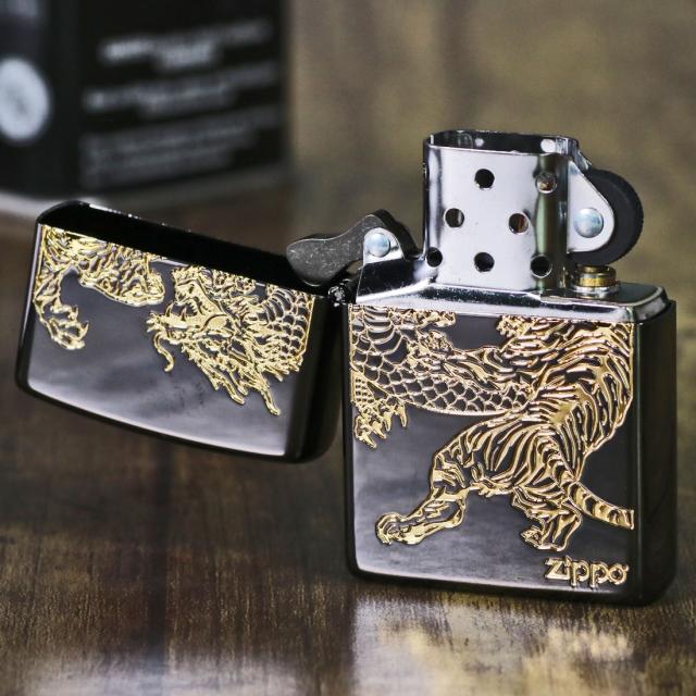 ZIPPO/龍虎黒金 BNiミラー 金コンビ エッチング 躍動感のある金色の龍と虎 RYKO-BG画像6