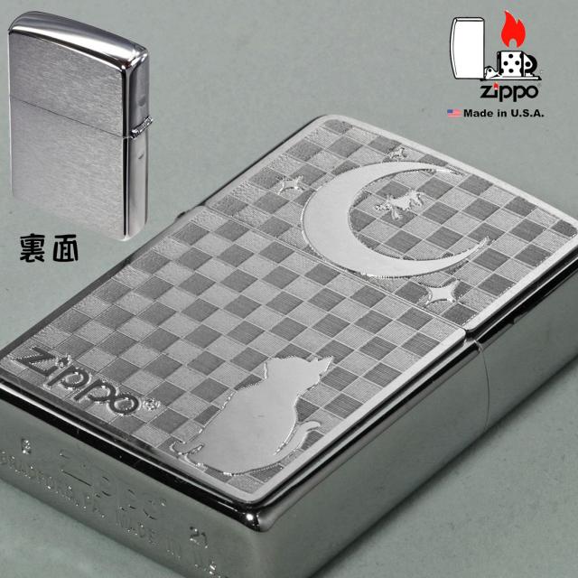 zippo(ジッポーライター)ネコと月 ブラッシュクローム メタルプレート貼り 画像3