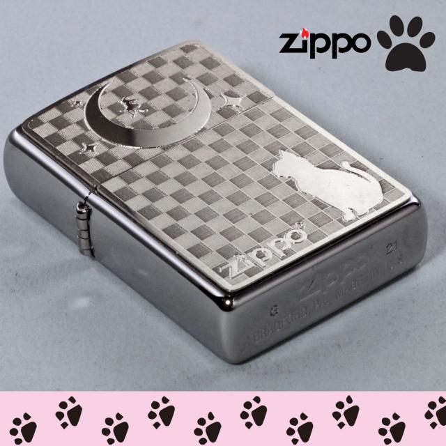 zippo(ジッポーライター)ネコと月 ブラッシュクローム メタルプレート貼り 画像3