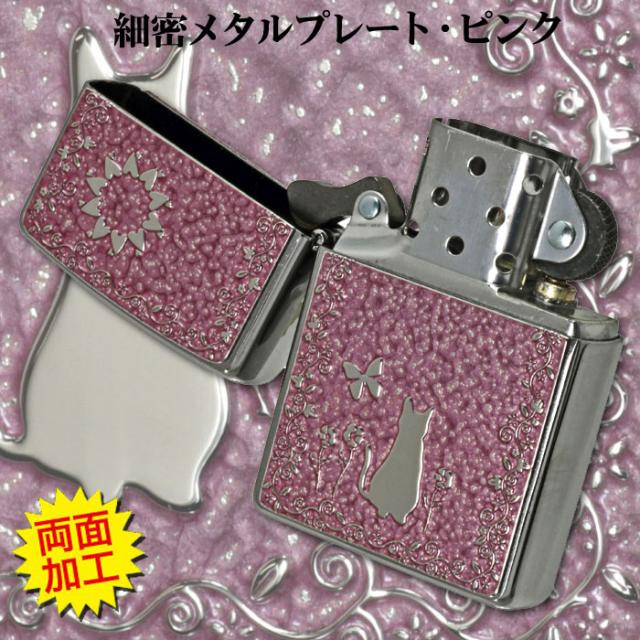 zippo(ジッポーライター)ネコ・細密メタルプレート貼り ピンクペイント 両面加工 画像4
