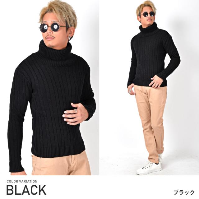 ニットタートルネックメンズセーター秋冬BITTERビター系【タートルネックニット】トップスメンズニットニットセーター白黒グレーハイネックニットソーケーブル編みケーブルニットカジュアル細身タイト通販ファッション 9