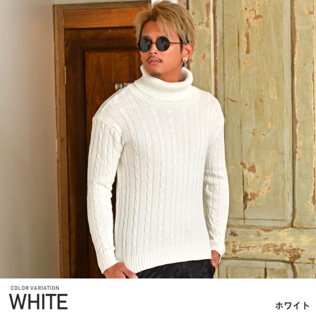 ニットタートルネックメンズセーター秋冬BITTERビター系【タートルネックニット】トップスメンズニットニットセーター白黒グレーハイネックニットソーケーブル編みケーブルニットカジュアル細身タイト通販ファッション 2