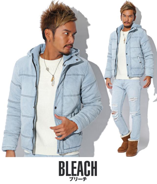 中綿ジャケット メンズ デニム ジャケット ブルゾン 冬 アウター BITTER ビター系 ダウンジャケット ストレッチデニム カットデニム インディゴ 厚手 フード 防寒 染め カモ 秋 12