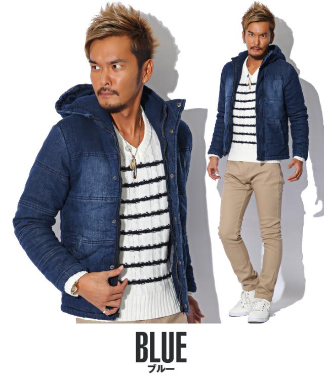 中綿ジャケット メンズ デニム ジャケット ブルゾン 冬 アウター BITTER ビター系 ダウンジャケット ストレッチデニム カットデニム インディゴ 厚手 フード 防寒 染め カモ 秋 14