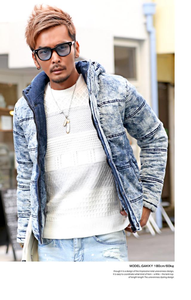 中綿ジャケット メンズ デニム ジャケット ブルゾン 冬 アウター BITTER ビター系 ダウンジャケット ストレッチデニム カットデニム インディゴ 厚手 フード 防寒 染め カモ 秋 4