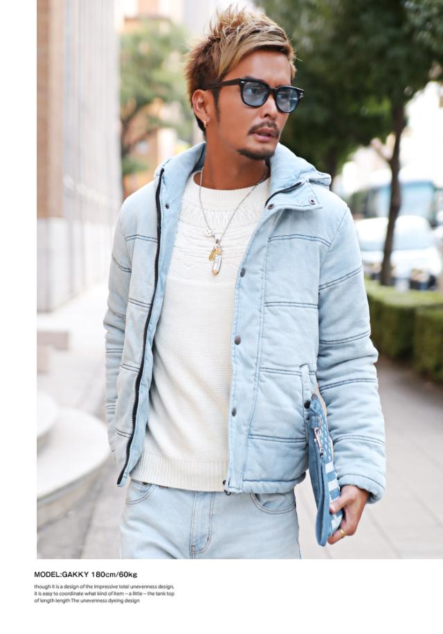 中綿ジャケット メンズ デニム ジャケット ブルゾン 冬 アウター BITTER ビター系 ダウンジャケット ストレッチデニム カットデニム インディゴ 厚手 フード 防寒 染め カモ 秋 6