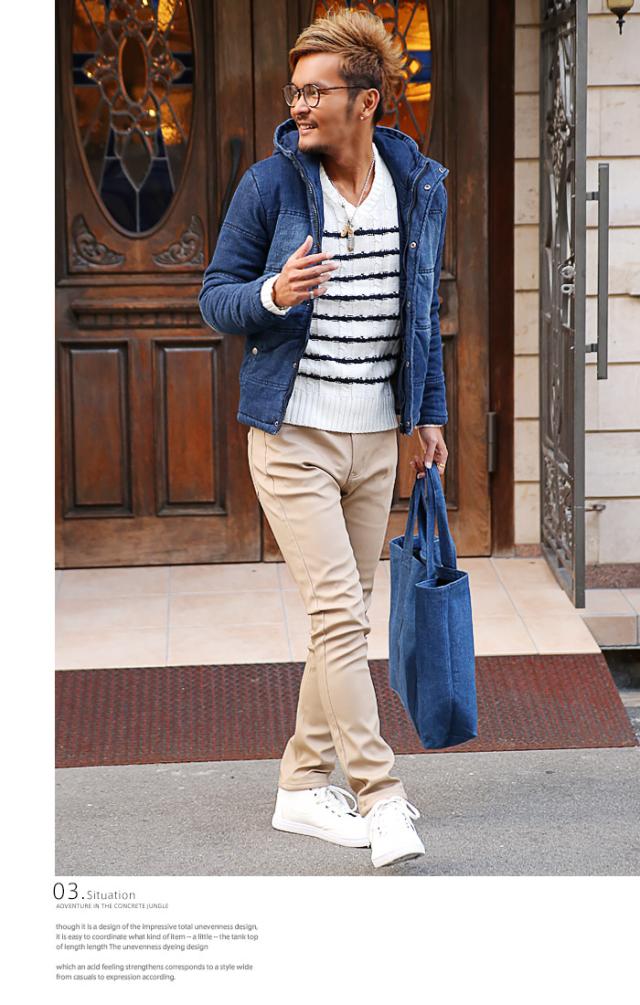 中綿ジャケット メンズ デニム ジャケット ブルゾン 冬 アウター BITTER ビター系 ダウンジャケット ストレッチデニム カットデニム インディゴ 厚手 フード 防寒 染め カモ 秋 7