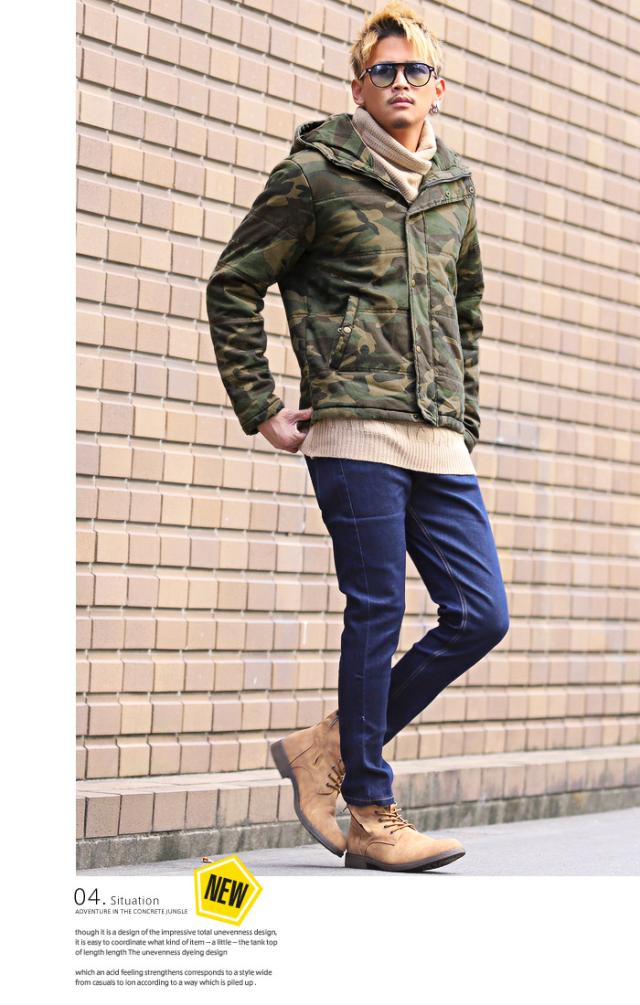 中綿ジャケット メンズ デニム ジャケット ブルゾン 冬 アウター BITTER ビター系 ダウンジャケット ストレッチデニム カットデニム インディゴ 厚手 フード 防寒 染め カモ 秋 9