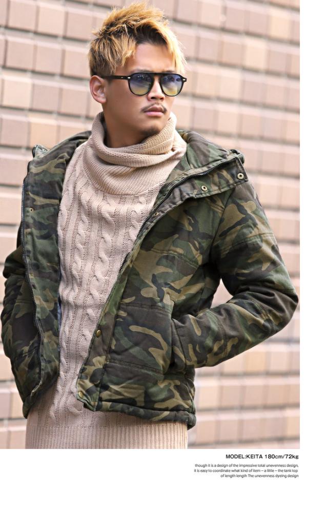 中綿ジャケット メンズ デニム ジャケット ブルゾン 冬 アウター BITTER ビター系 ダウンジャケット ストレッチデニム カットデニム インディゴ 厚手 フード 防寒 染め カモ 秋 10