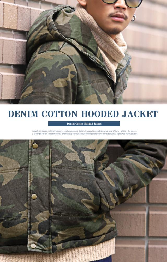 中綿ジャケット メンズ デニム ジャケット ブルゾン 冬 アウター BITTER ビター系 ダウンジャケット ストレッチデニム カットデニム インディゴ 厚手 フード 防寒 染め カモ 秋 11