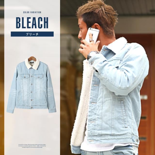 ボア デニムジャケット メンズ Gジャン ジージャン アウター BITTER ビター系 秋 冬 デニム ジャケット ブルゾン 裏ボア ヴィンテージ インディゴ ブリーチ 染め 加工 西海岸 服 3