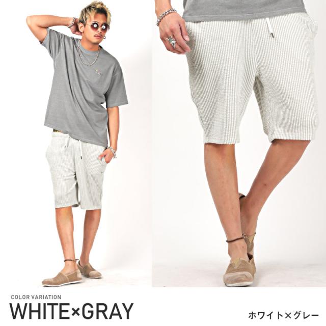 ショートパンツ メンズ ハーフパンツ ショーツ シアサッカー イージーパンツ ストライプ 無地 膝上 カジュアル ルーズ 清涼感 夏 9