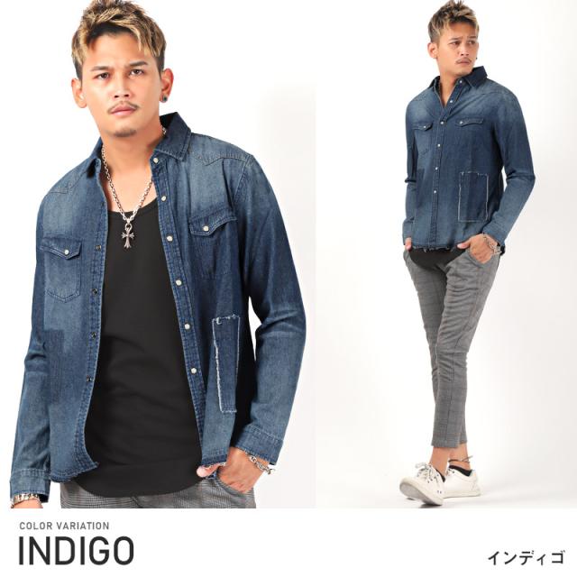 デニムシャツメンズ長袖パッチワークリペアダメージ【パッチワークデニムシャツ】トップス長袖シャツウェスタンシャツコットン綿ウィッシュ加工ダメージ加工カジュアルキレイめ羽織りアメカジ秋春 5