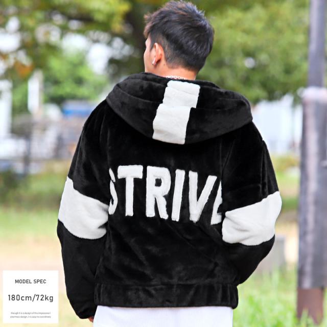 ジャケットメンズビッグシルエットフェイクファーバックロゴ【フェイクファーバックロゴフードブルゾン】ブルゾンジャンパーフードジップドロップショルダー暖かもこもこ秋冬ストリート 3