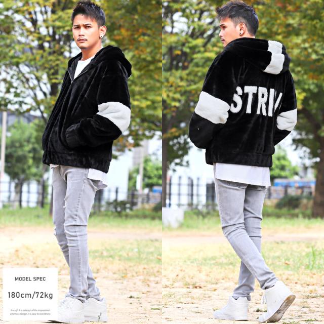 ジャケットメンズビッグシルエットフェイクファーバックロゴ【フェイクファーバックロゴフードブルゾン】ブルゾンジャンパーフードジップドロップショルダー暖かもこもこ秋冬ストリート 4