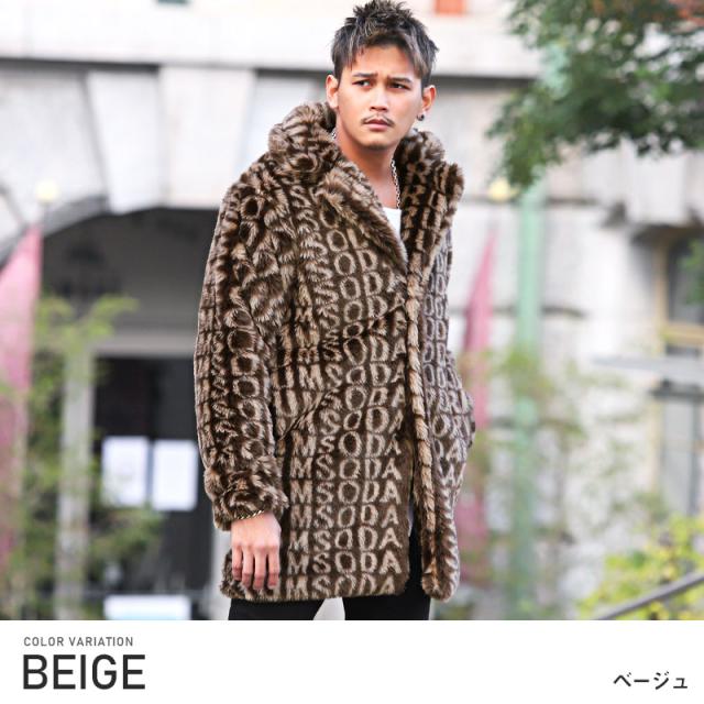 コートメンズファーロゴ総柄BITTERビター系秋冬【RUMSODA(ラムソーダ)ロゴ総柄ファーコート】モコモコフェイクファーガウンもこもこ柔らか暖かあったかボリュームファーユニセックス 3