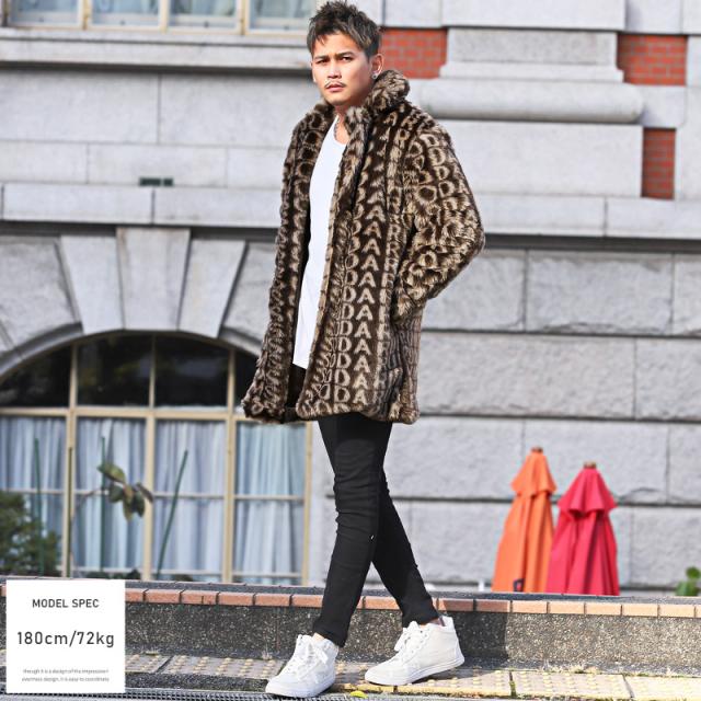 コートメンズファーロゴ総柄BITTERビター系秋冬【RUMSODA(ラムソーダ)ロゴ総柄ファーコート】モコモコフェイクファーガウンもこもこ柔らか暖かあったかボリュームファーユニセックス 4