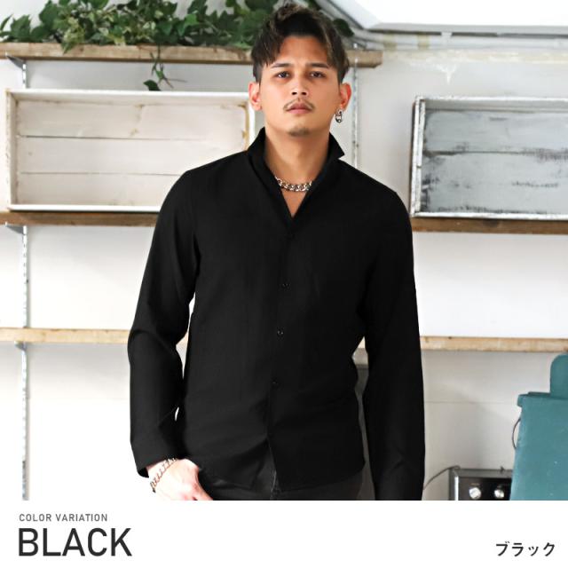 長袖シャツ メンズ イタリアンカラーシャツ メンズシャツ 立ち襟 ラインストーン プリント ロゴ ホワイト ブラック 大人 上品 春 秋 ビター系 BITTER aa-1317 2