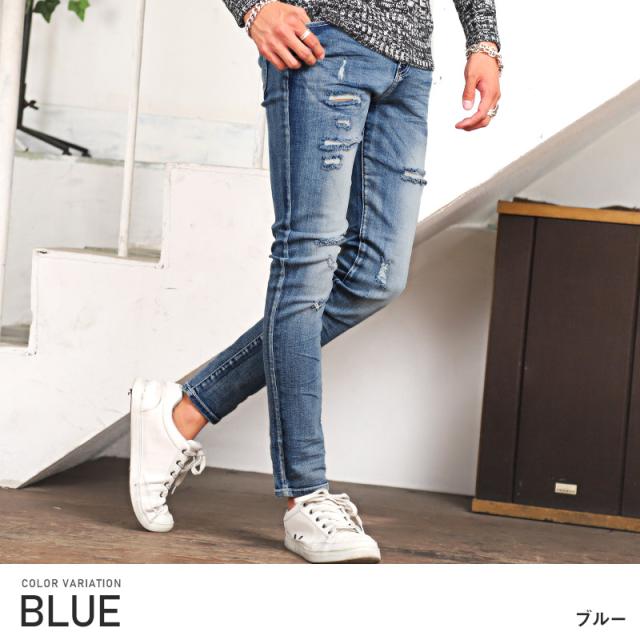 デニムパンツ メンズ スキニー ダメージ ストレッチ メンズデニム スキニーデニム ジーンズ ストレッチデニム クラッシュ加工 細身 タイト ブリーチ インディゴ BITTER ビター系 pm-7517 2