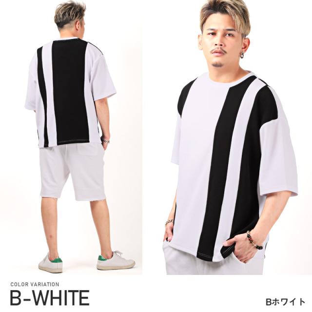 Tシャツ メンズ 半袖 5分袖 ビッグシルエット 梨地 ライン ボーダー 切替 凸凹 メンズTシャツ 半袖Tシャツ カットソー ドロップショルダー バイカラー ホワイト ブラック ルーズ 白 黒 モード ストリート aa-1531 9