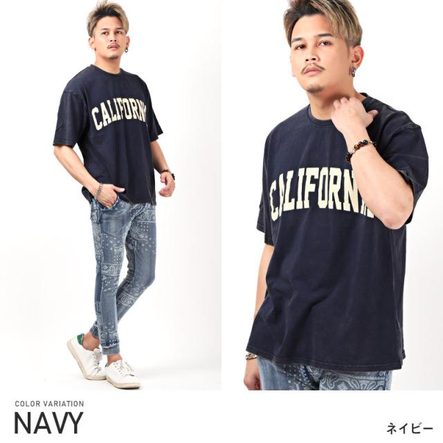 Tシャツ メンズ 半袖 ビッグシルエット カレッジ ロゴ プリント メンズTシャツ 半袖Tシャツ カットソー CALIFORNIA 英字 ケミカル加工 色落ち 古着風 ルーズ カジュアル ストリート aa-1533 7