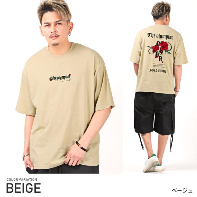 Tシャツ メンズ 半袖 ビッグシルエット バラ 刺繍 ロゴ イラスト