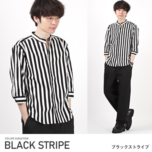 シャツメンズ日本製ブロードスキッパーバンドカラー七分袖【GarsonWave(ギャルソンウェーブ)日本製スキッパーバンドカラー七分袖シャツ】カジュアルシャツ無地ストライプ爽やか清涼感春夏 10