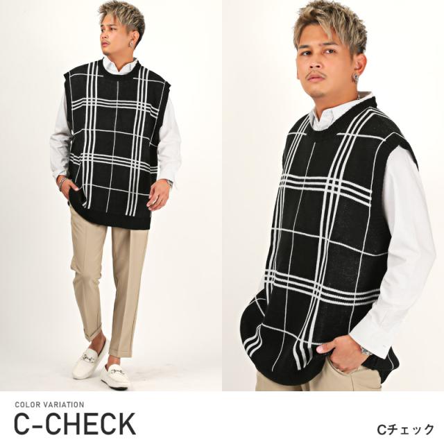 ニットベスト メンズ ビッグシルエット チェック柄 千鳥柄 アーガイル柄 メンズニット ニットソー ドロップショルダー ケーブル編み 総柄 ジャガード ルーズ 秋 冬 カジュアル ストリート aa-1765 11