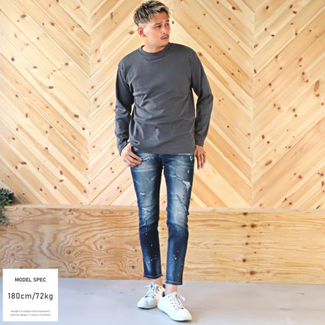 デニムパンツ メンズ スキニー ダメージパンツ ペンキ メンズデニム スキニーパンツ ダメージ加工 リペア加工 ジーパン インディゴ ブルー タイト 細身 ビター系 BITTER aa-1962 4