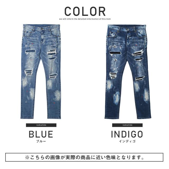 デニムパンツ メンズ スキニー ダメージ加工 リペア ペンキ メンズデニム スキニーデニム ダメージパンツ ストレッチ インディゴ ブルー スリム タイト ビター系 BITTER aa-1963 13