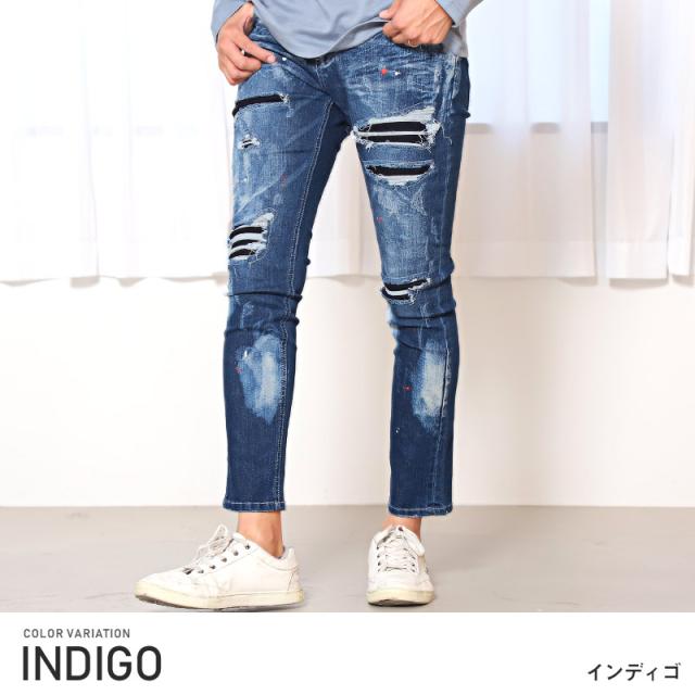 デニムパンツ メンズ スキニー ダメージ加工 リペア ペンキ メンズデニム スキニーデニム ダメージパンツ ストレッチ インディゴ ブルー スリム タイト ビター系 BITTER aa-1963 3