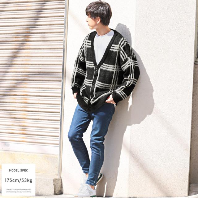 カーディガンメンズニットモヘアタッチシャギー【モヘアタッチシャギーVネックニットカーディガン】トップスカーデ長袖羽織り無地総柄アーガイル柄チェック柄ブロックチェックルーズ春秋ビター系BITTER 2