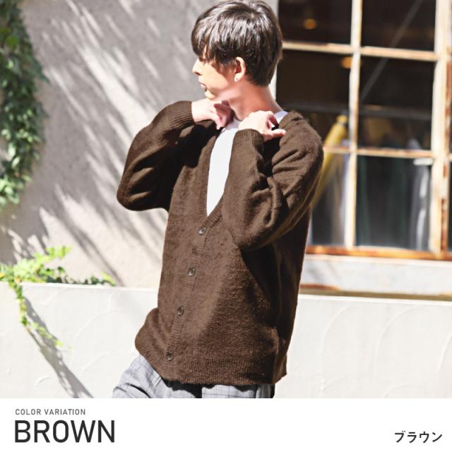 カーディガンメンズニットモヘアタッチシャギー【モヘアタッチシャギーVネックニットカーディガン】トップスカーデ長袖羽織り無地総柄アーガイル柄チェック柄ブロックチェックルーズ春秋ビター系BITTER 2