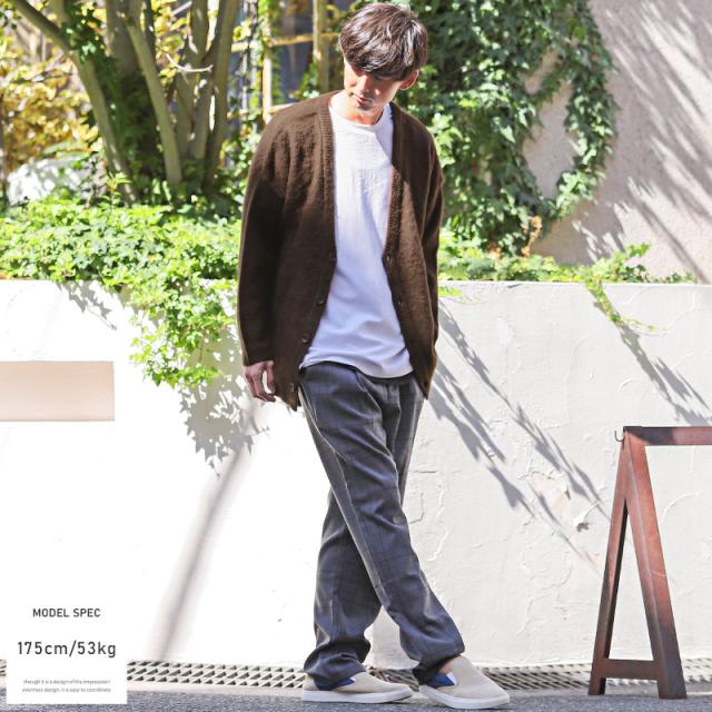 カーディガンメンズニットモヘアタッチシャギー【モヘアタッチシャギーVネックニットカーディガン】トップスカーデ長袖羽織り無地総柄アーガイル柄チェック柄ブロックチェックルーズ春秋ビター系BITTER 2