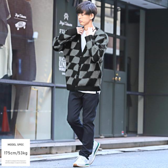 カーディガンメンズニットモヘアタッチシャギー【モヘアタッチシャギーVネックニットカーディガン】トップスカーデ長袖羽織り無地総柄アーガイル柄チェック柄ブロックチェックルーズ春秋ビター系BITTER 2