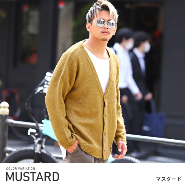 カーディガンメンズニットモヘアタッチシャギー【モヘアタッチシャギーVネックニットカーディガン】トップスカーデ長袖羽織り無地総柄アーガイル柄チェック柄ブロックチェックルーズ春秋ビター系BITTER 2