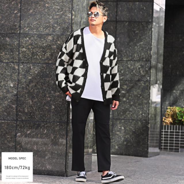 カーディガンメンズニットモヘアタッチシャギー【モヘアタッチシャギーVネックニットカーディガン】トップスカーデ長袖羽織り無地総柄アーガイル柄チェック柄ブロックチェックルーズ春秋ビター系BITTER 2