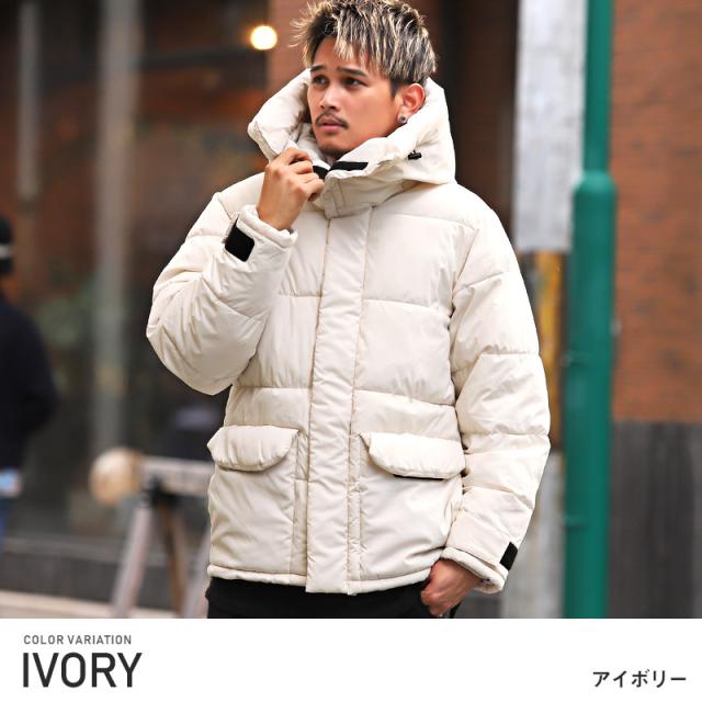 中綿ジャケット メンズ ブルゾン フード ボリュームネック メンズジャケット アウター フード取り外し可能 アイボリー ブラック 無地 ジンプル 暖か 防寒 冬 カジュアル ビター系 BITTER aa-2078 3