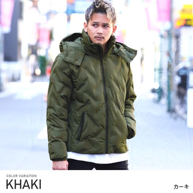 ブルゾンメンズジャケット中綿フード【フード着脱シームレス中綿ブルゾン】フェイクダウンアウターボリュームネック2WAY止水ジップ保温性無地暖か防寒冬カジュアルビター系BITTER 3