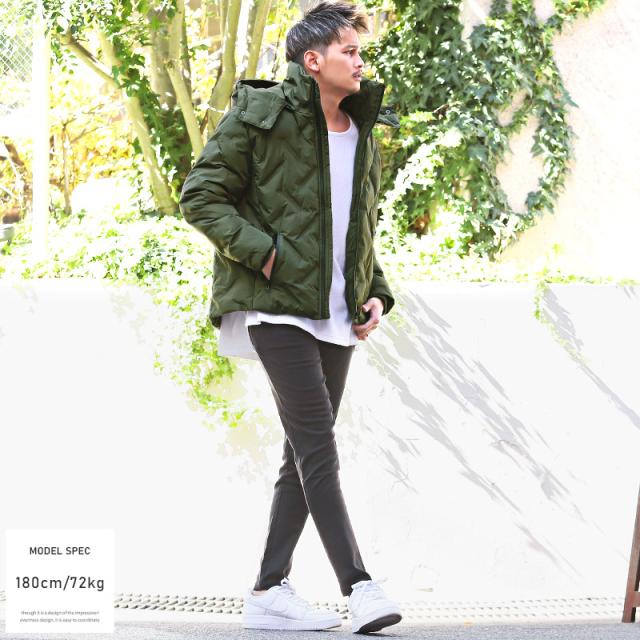 ブルゾンメンズジャケット中綿フード【フード着脱シームレス中綿ブルゾン】フェイクダウンアウターボリュームネック2WAY止水ジップ保温性無地暖か防寒冬カジュアルビター系BITTER 4