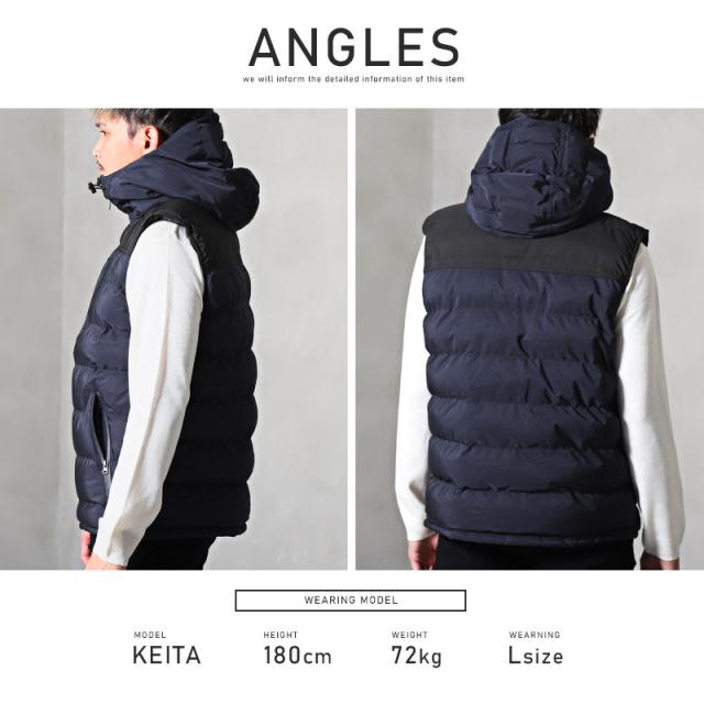 中綿ベスト メンズ ダウン混 ダウン フェザー シームレスダウン メンズベスト アウター ボリュームネック 切替 配色 バイカラー フード グレー ネイビー ブラック 暖か ビター系 BITTER aa-2135 8