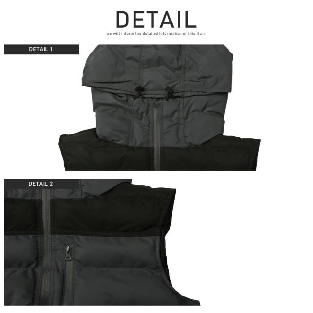 中綿ベスト メンズ ダウン混 ダウン フェザー シームレスダウン メンズベスト アウター ボリュームネック 切替 配色 バイカラー フード グレー ネイビー ブラック 暖か ビター系 BITTER aa-2135 9