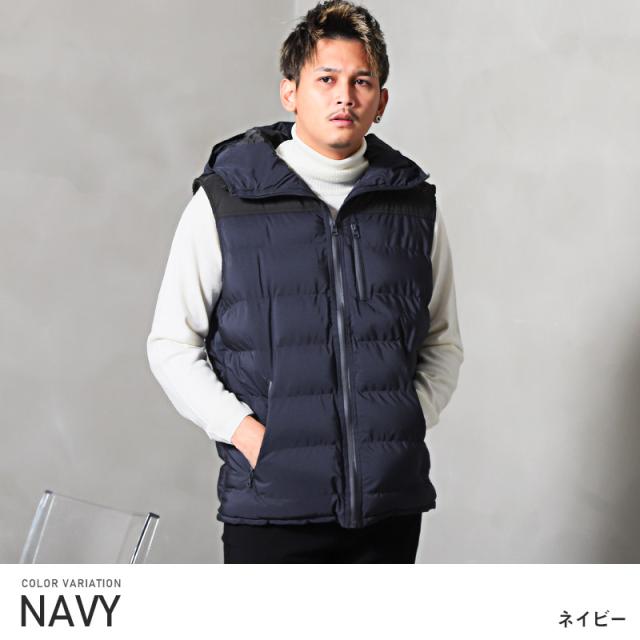 中綿ベスト メンズ ダウン混 ダウン フェザー シームレスダウン メンズベスト アウター ボリュームネック 切替 配色 バイカラー フード グレー ネイビー ブラック 暖か ビター系 BITTER aa-2135 3