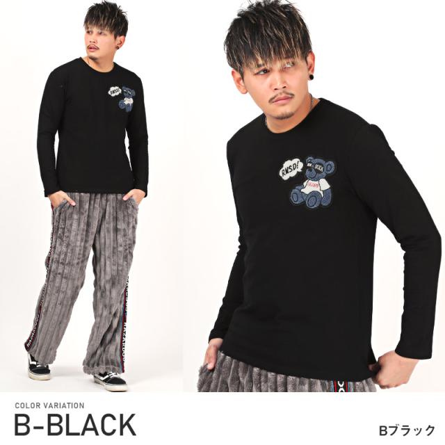 ロンTメンズ長袖Tシャツベアワッペン刺繍【RUMSODA(ラムソーダ)ベアワッペン天竺ロンT】カットソートップスTシャツクルーネックカジュアル長袖クマ春秋ストリート韓国系ビター系BITTER 9
