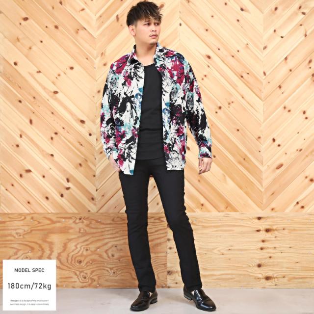 長袖シャツ メンズ ビッグシルエット グラフィック プリント アート メンズシャツ 長袖 プリントシャツ ドロップショルダー ペイント風 レギュラーカラー ルーズ ストリート 韓国 aa-2228 4