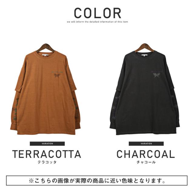 ロンT メンズ 長袖Tシャツ ビッグシルエット ロゴ 蝶 ゴシック調 重ね着風 メンズロンT カットソー ピグメント フェイクレイヤード 色落ち加工 ヴィンテージ風 長袖 ストリート 韓国 aa-2306 11