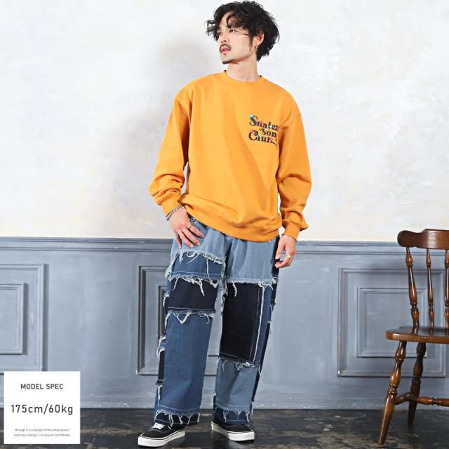 デニムパンツメンズジーンズダメージワイド丈【ワイドクレイジーデニムパンツ】ストレートシルエットボトムスデニムクラッシュジーパンフリンジ古着風アメカジ西海岸ストリートカジュアル 4